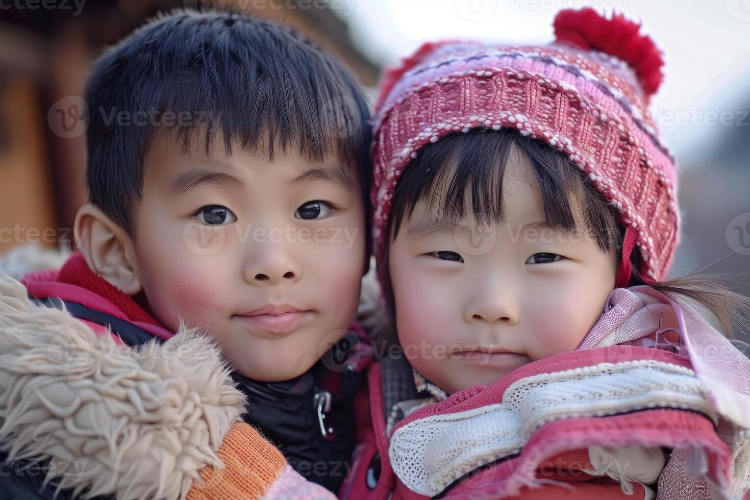 Adorable siblings embracing in winter photo