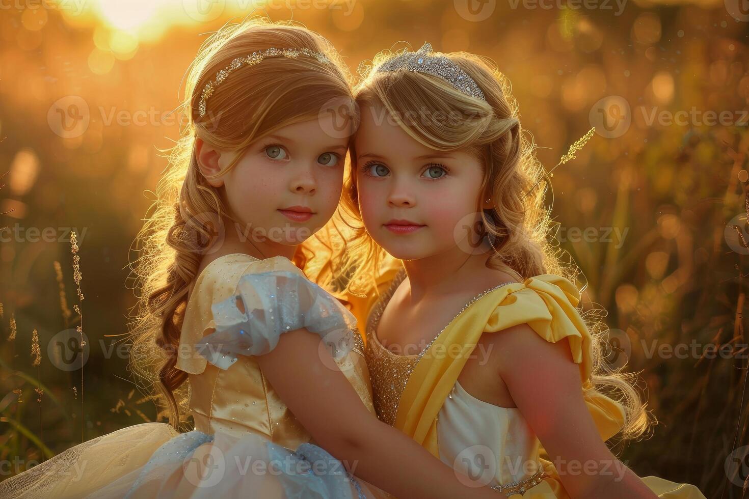 Two young girls dressed as princesses enjoying a magical sunset in a golden field photo