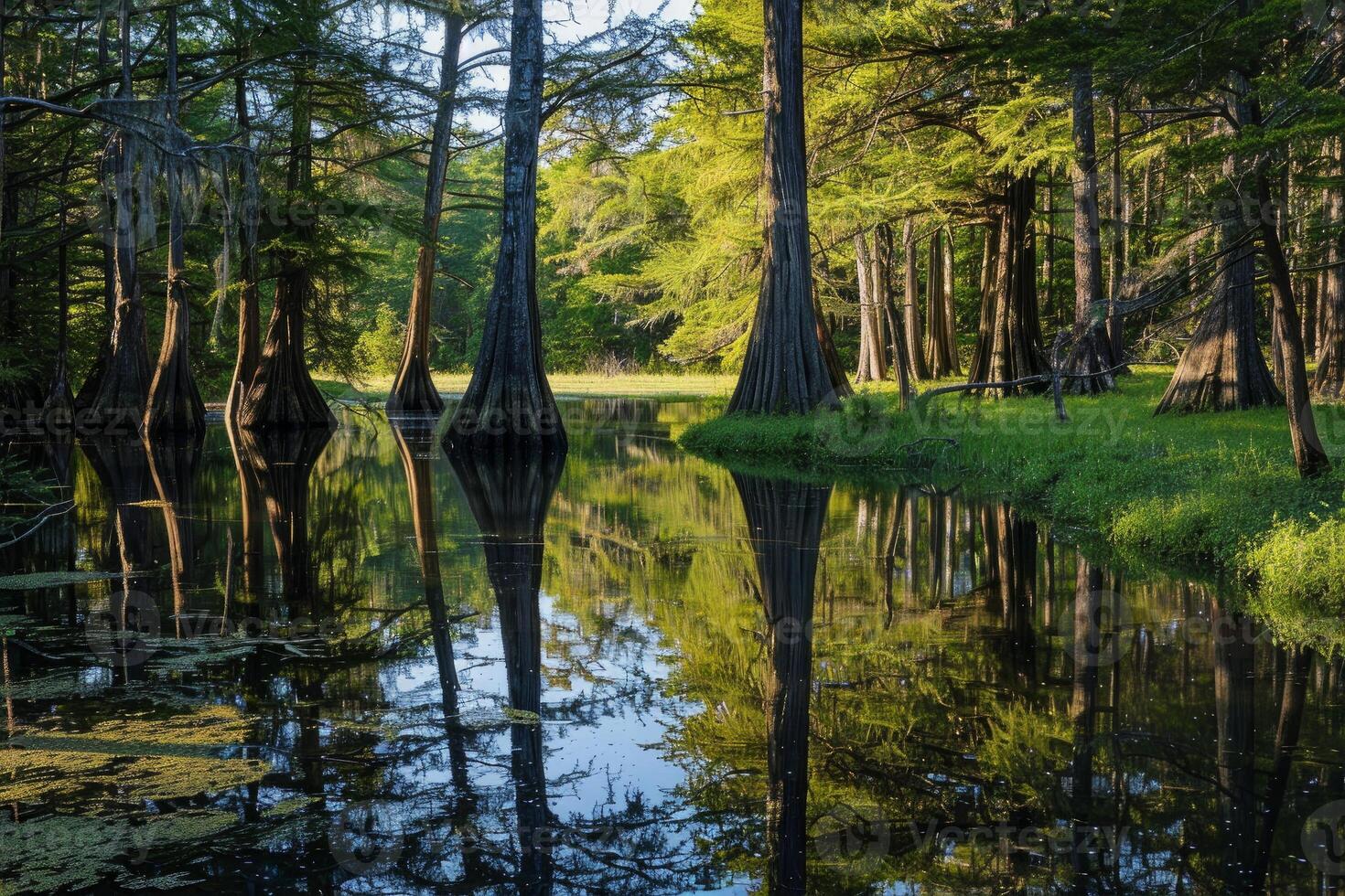 Tranquil swamp sunrise with cypress trees photo