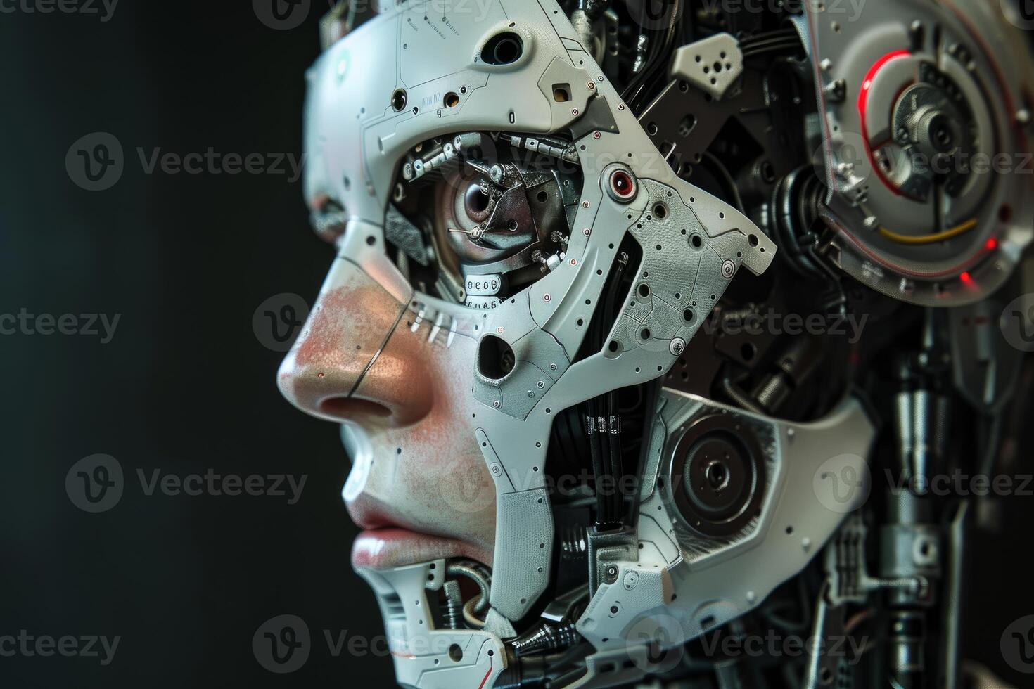 Detailed view of a humanoid robot with intricate mechanical features and humanlike facial appearance photo