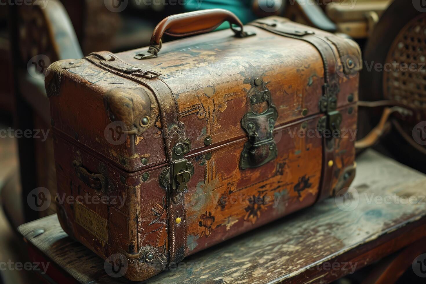 Vintage leather suitcase on antique chair photo