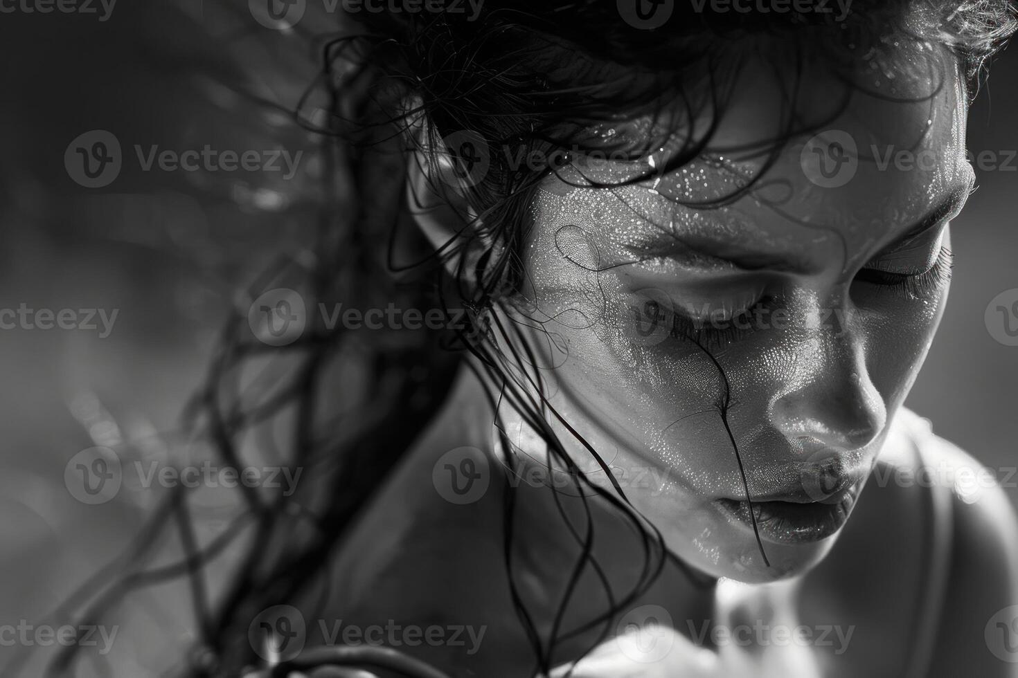 Monochrome portrait of a pensive woman with wet hair photo