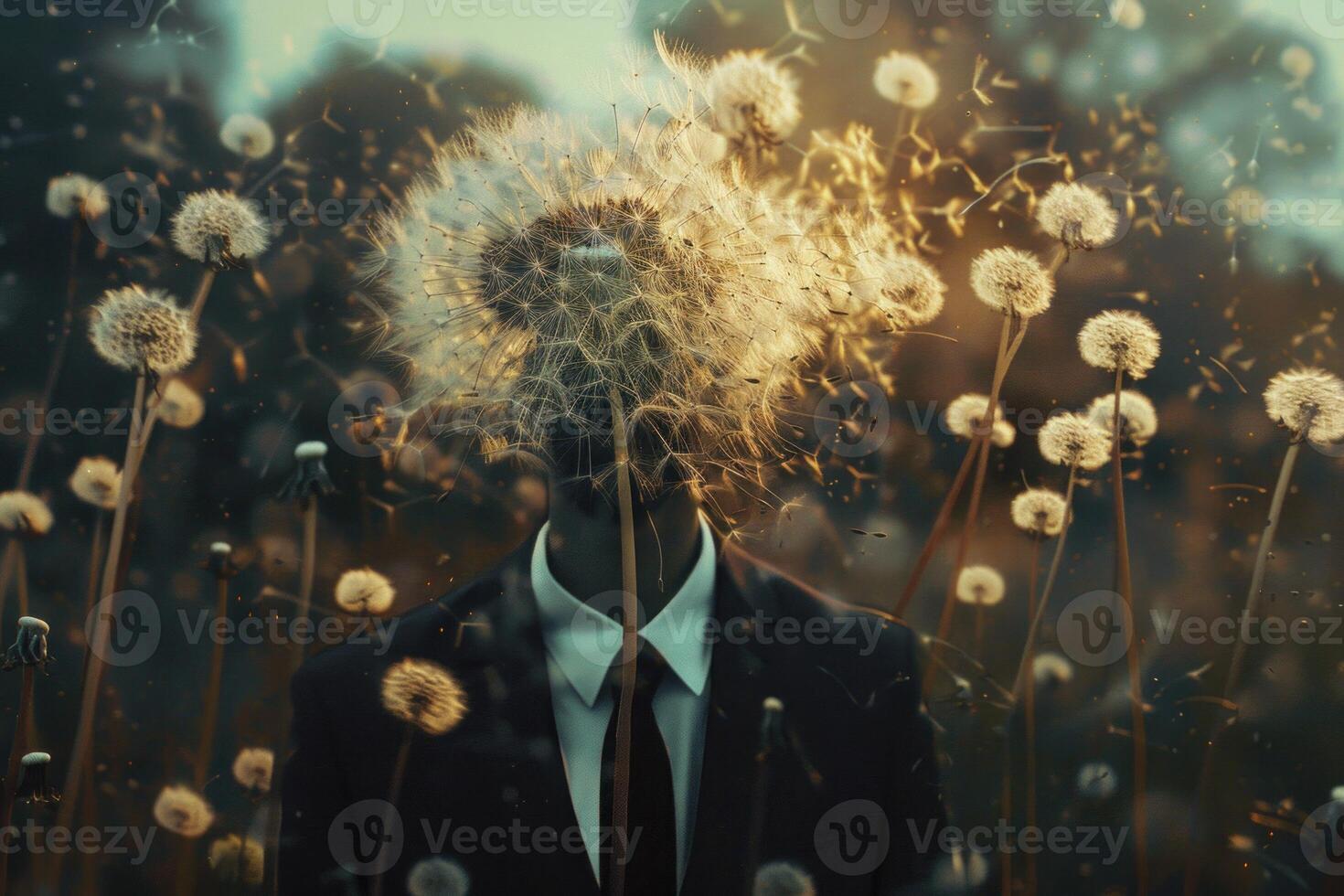 Surreal businessman with dandelion head in field photo