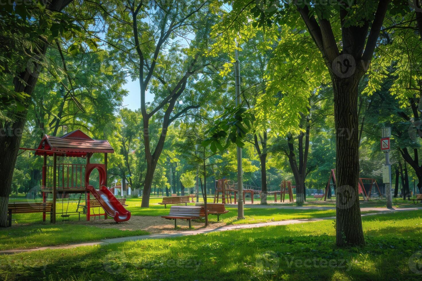 Serene park with playground and picnic tables photo