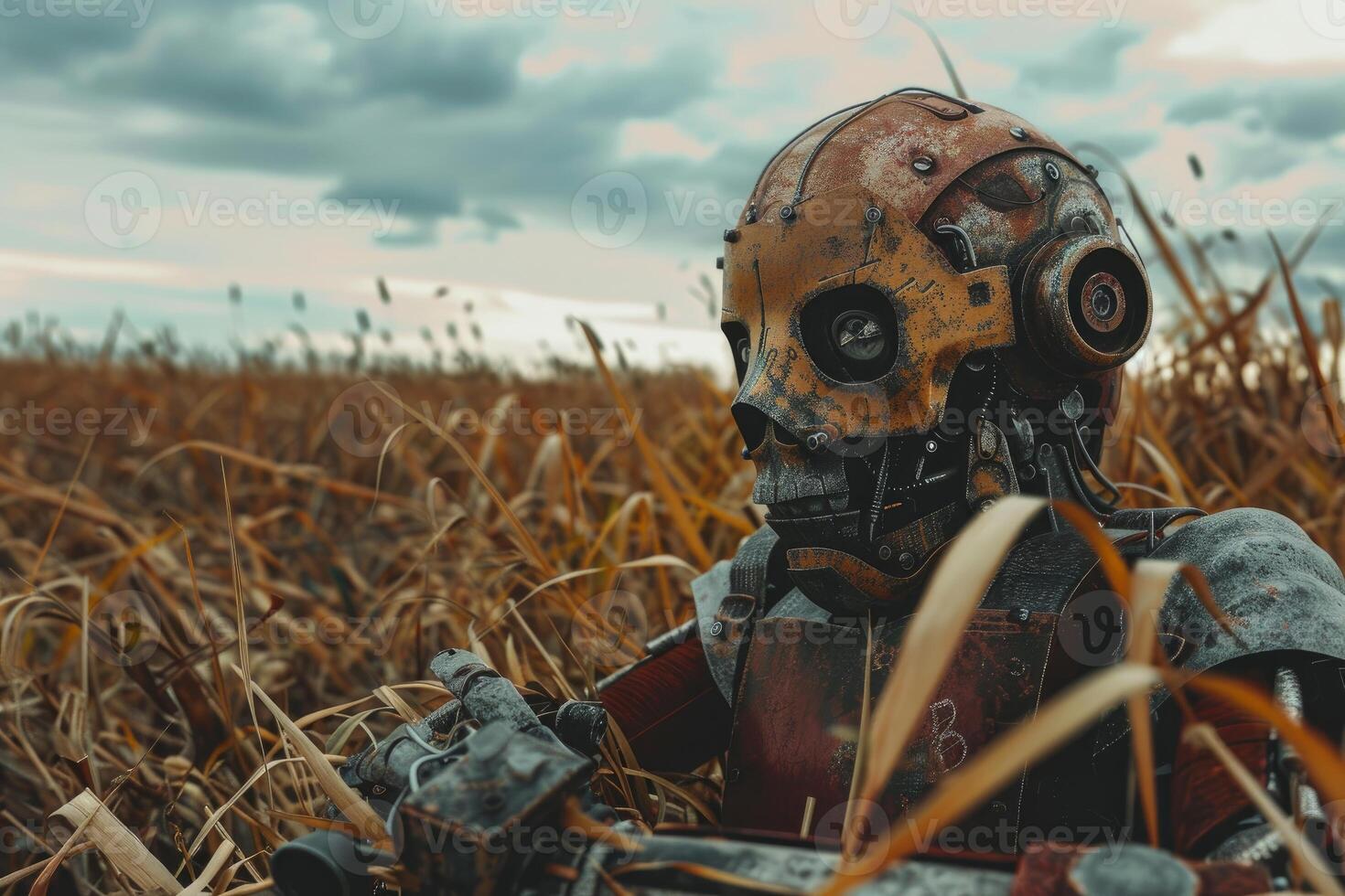 Abandoned robot in field at dusk photo