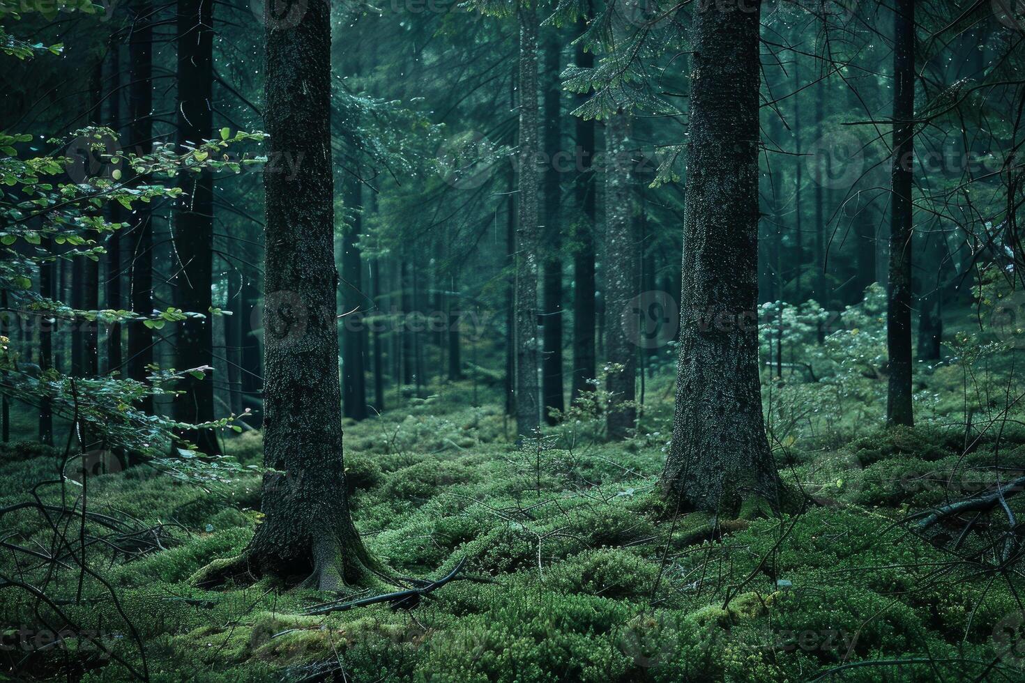 Lush green forest scene with a mystical ambiance during twilight hours photo