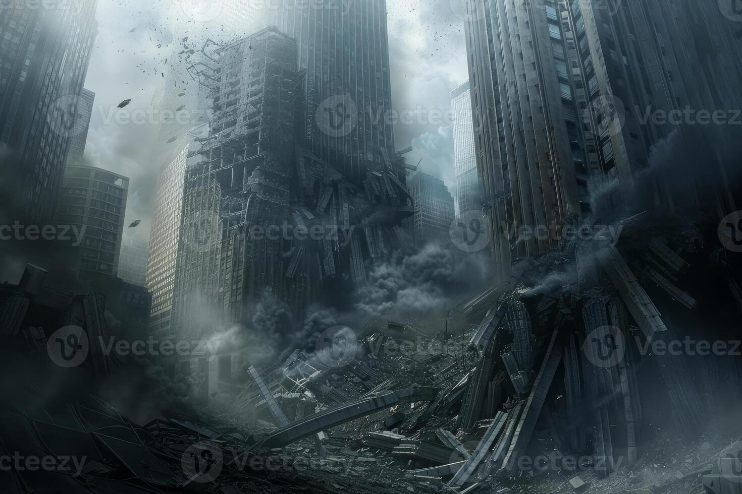 Digital art of a devastated city with crumbling skyscrapers amid dense smoke photo