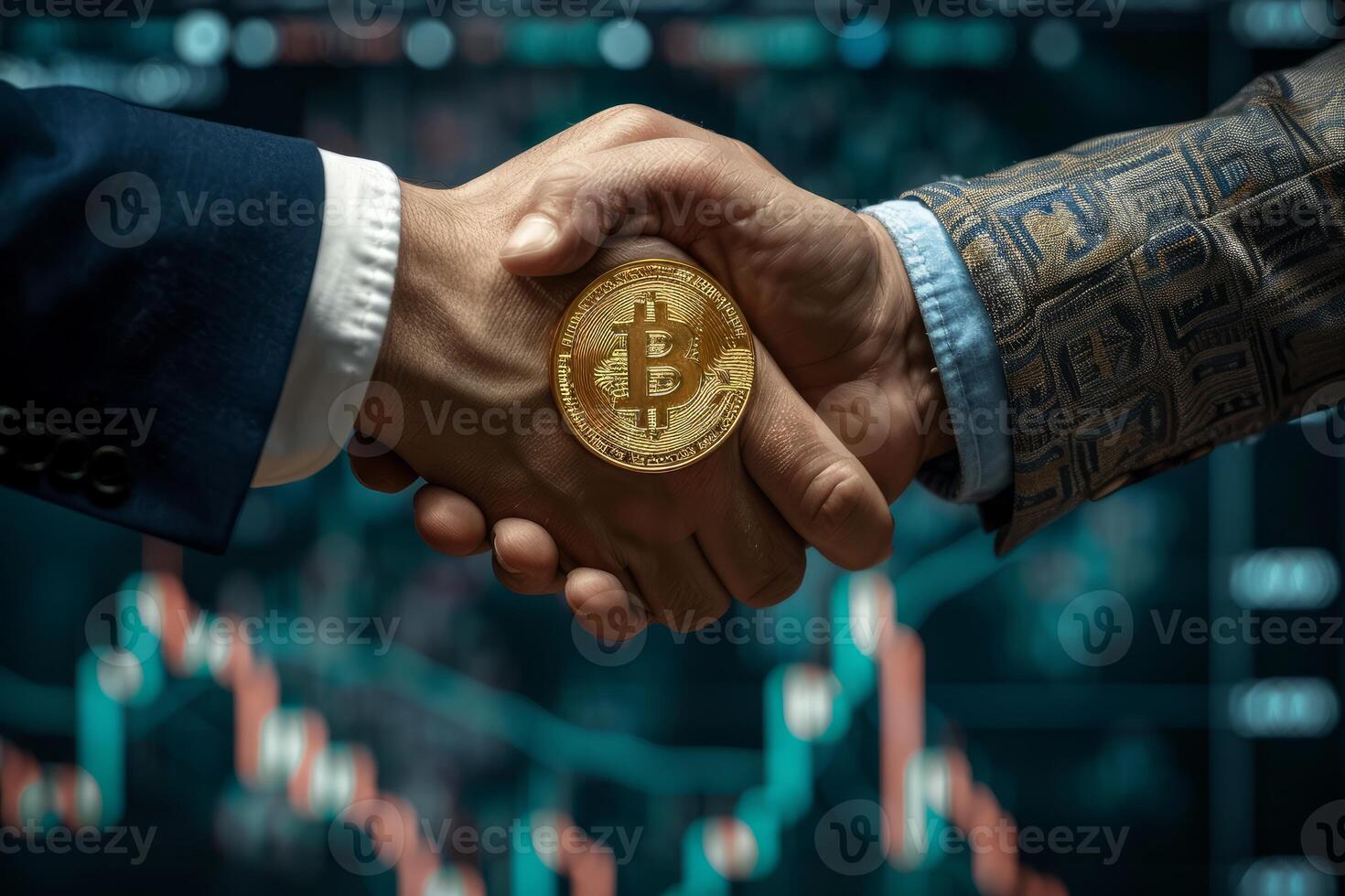 Two business individuals shaking hands with a golden bitcoin token, symbolizing a crypto deal. photo