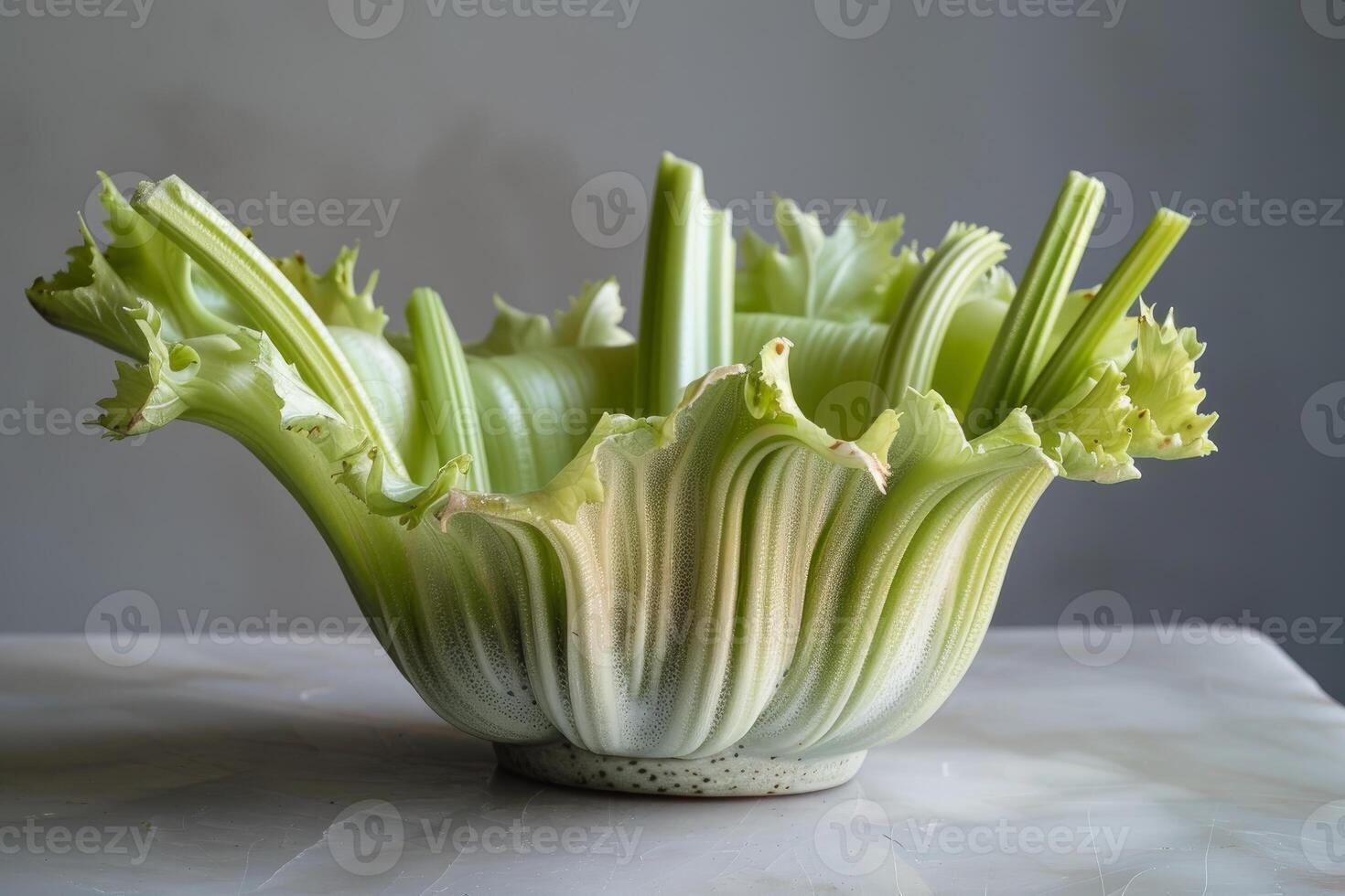 Fresh celery bunch in colander on table photo
