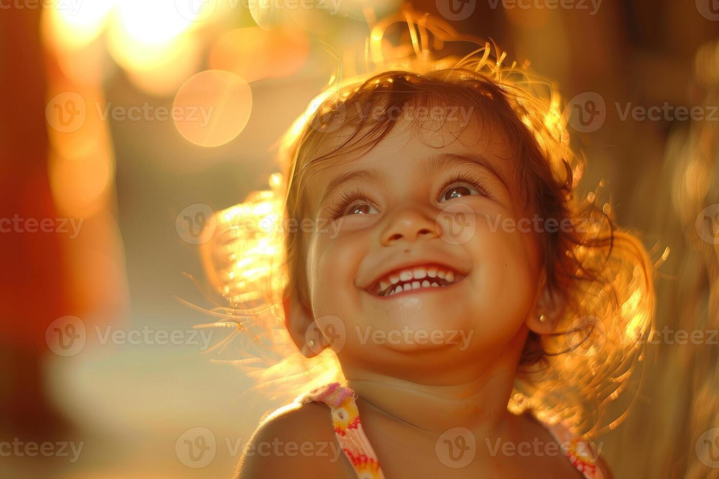 Happy toddler girl glowing in warm sunlight with a bright smile photo