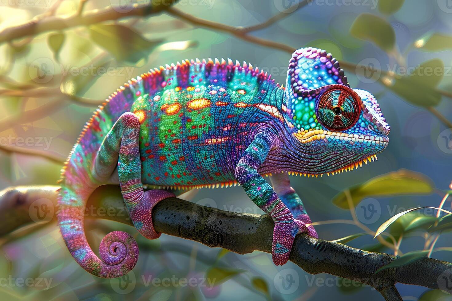 Colorful chameleon on a branch photo