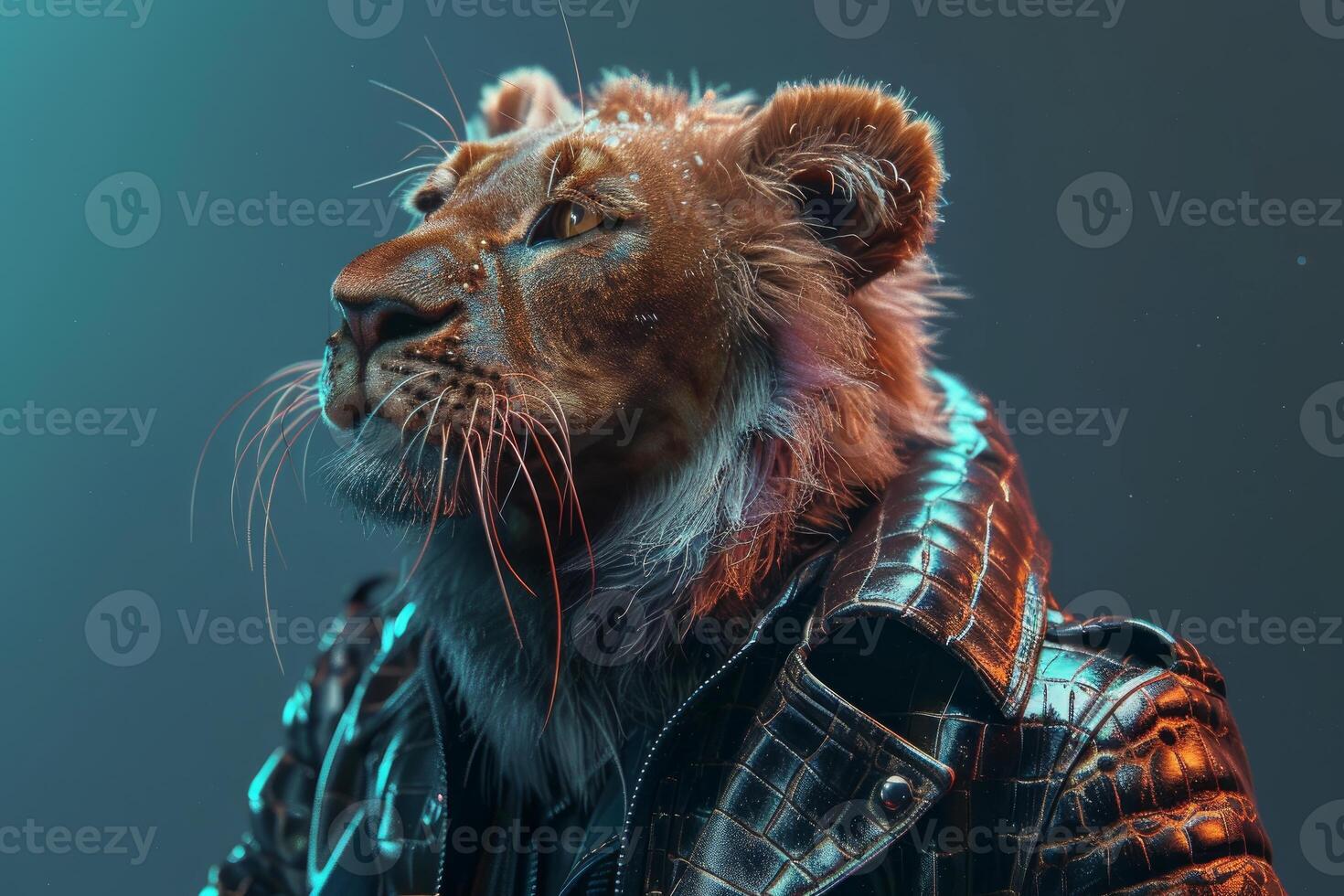 Majestic lion in stylish jacket posing with attitude photo