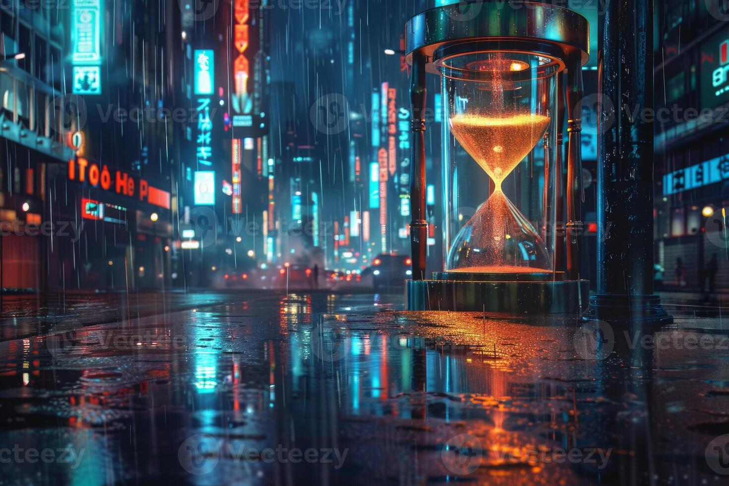 Futuristic cityscape with hourglass in rain photo