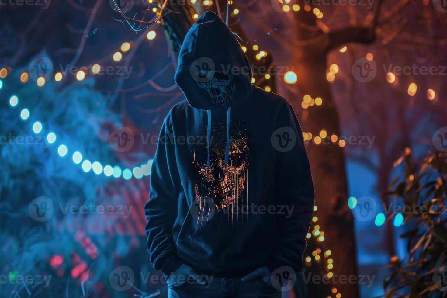 Mysterious person in skull hoodie at night photo