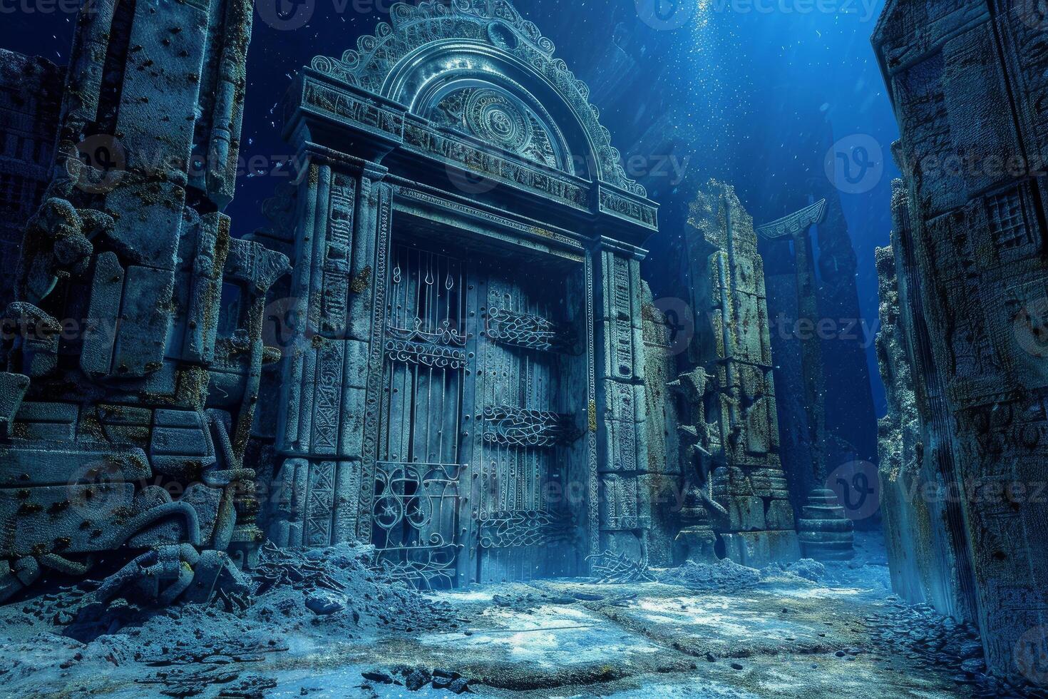 Eerie underwater view of an ancient, ornate door amidst sunken ruins photo