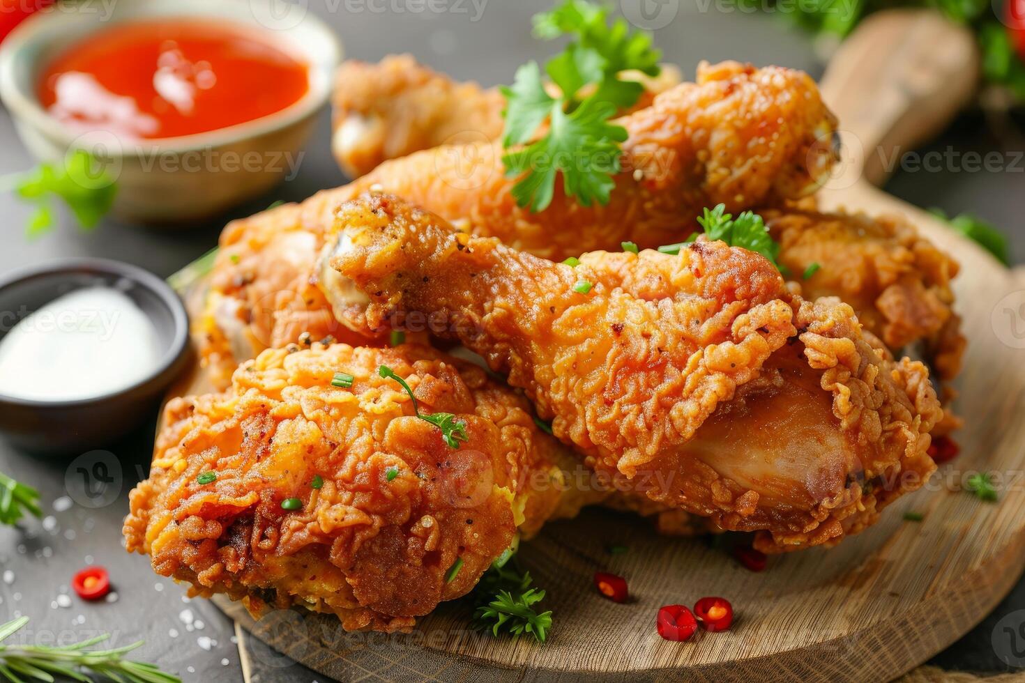 Crispy fried chicken on wooden board with sauces photo