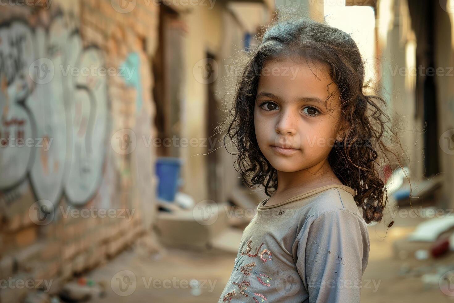Little girl in alleyway with expressive eyes photo