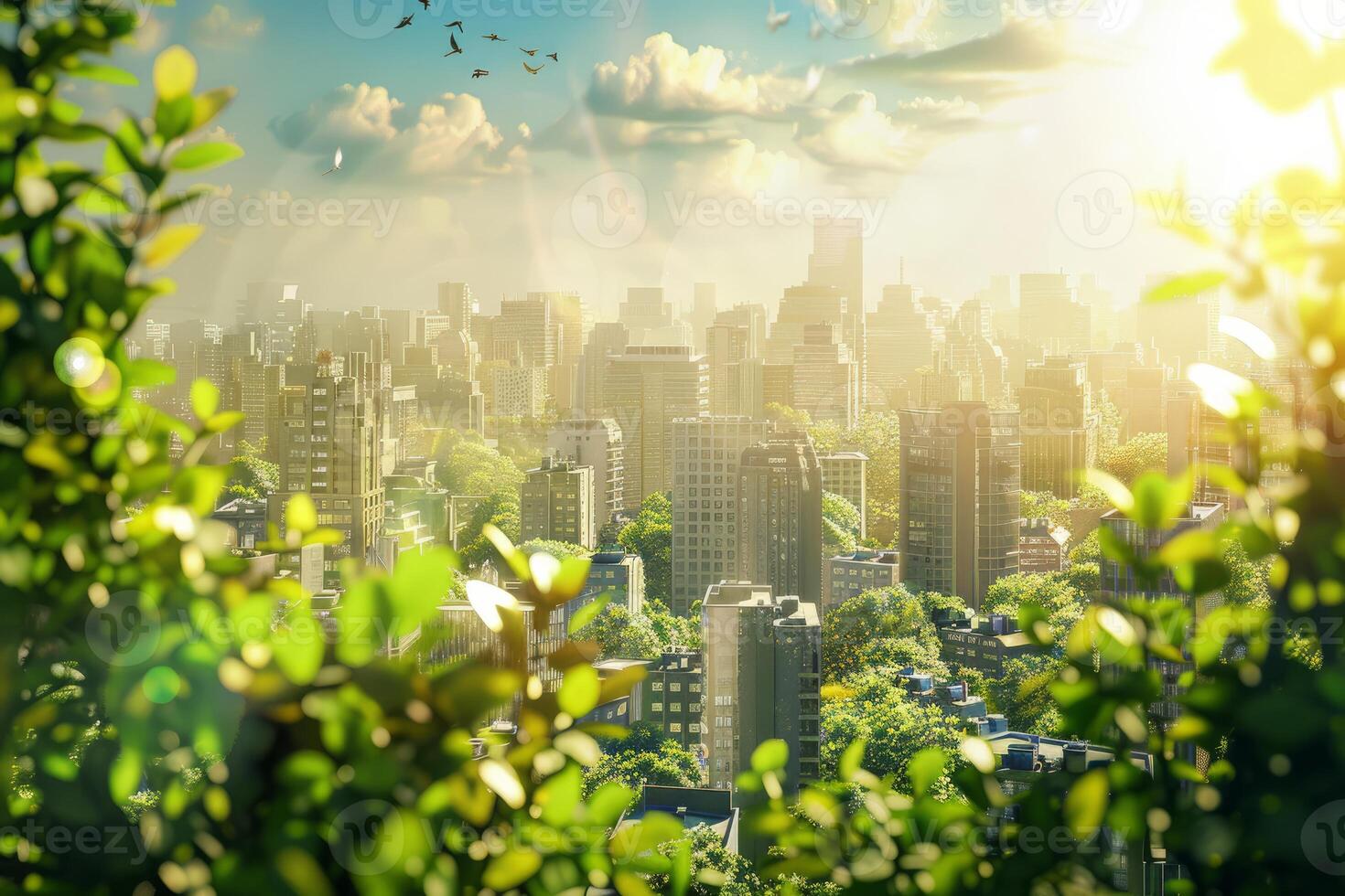 Urban oasis, cityscape with lush greenery photo