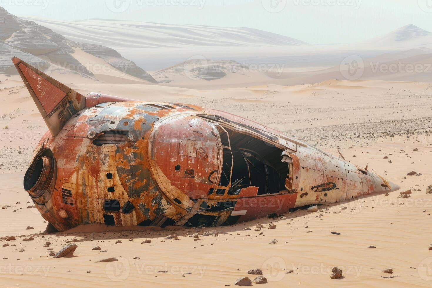 Abandoned spaceship wreckage in desert landscape photo