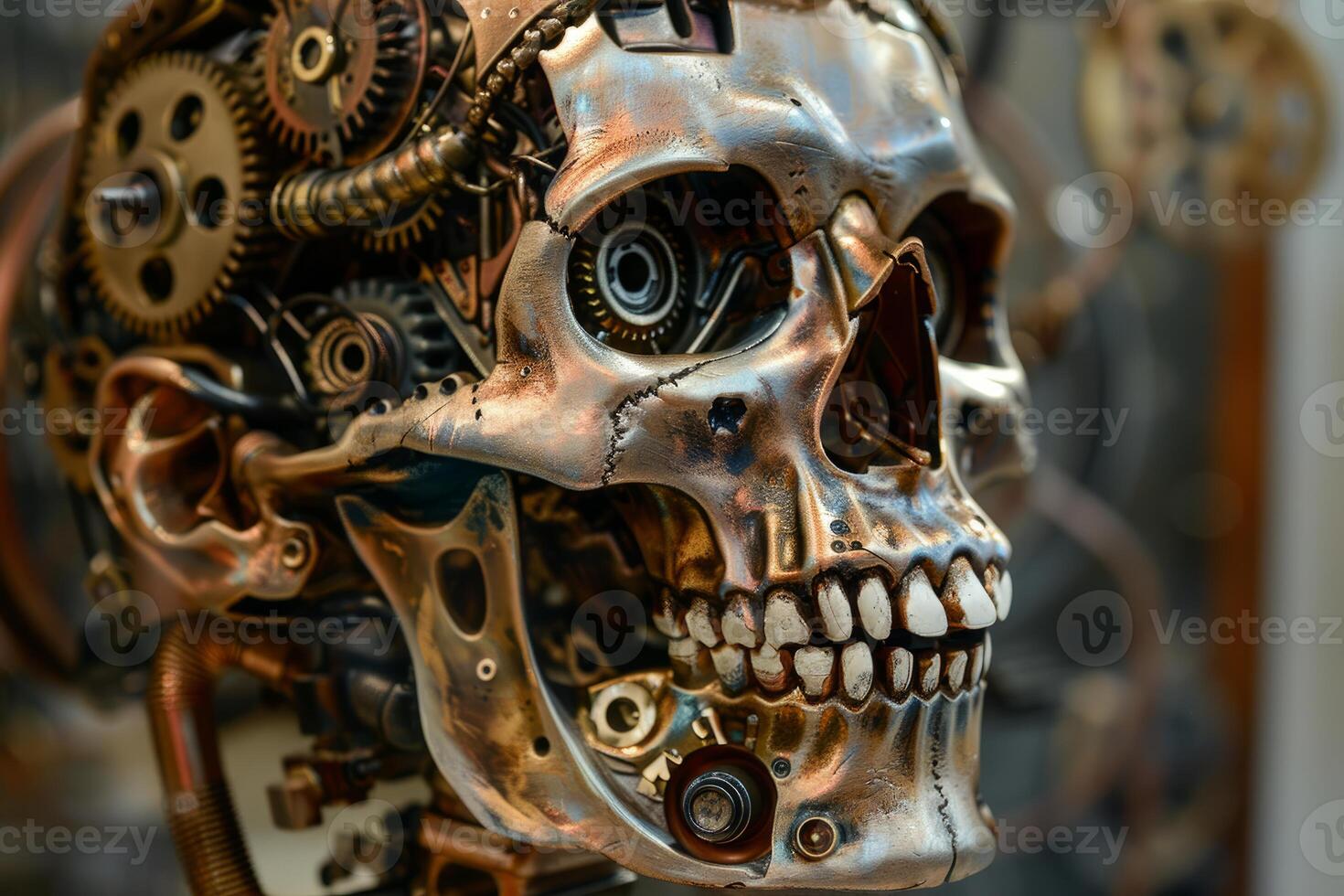 Detailed closeup of a metallic steampunk robot skull with intricate gears and mechanical parts photo