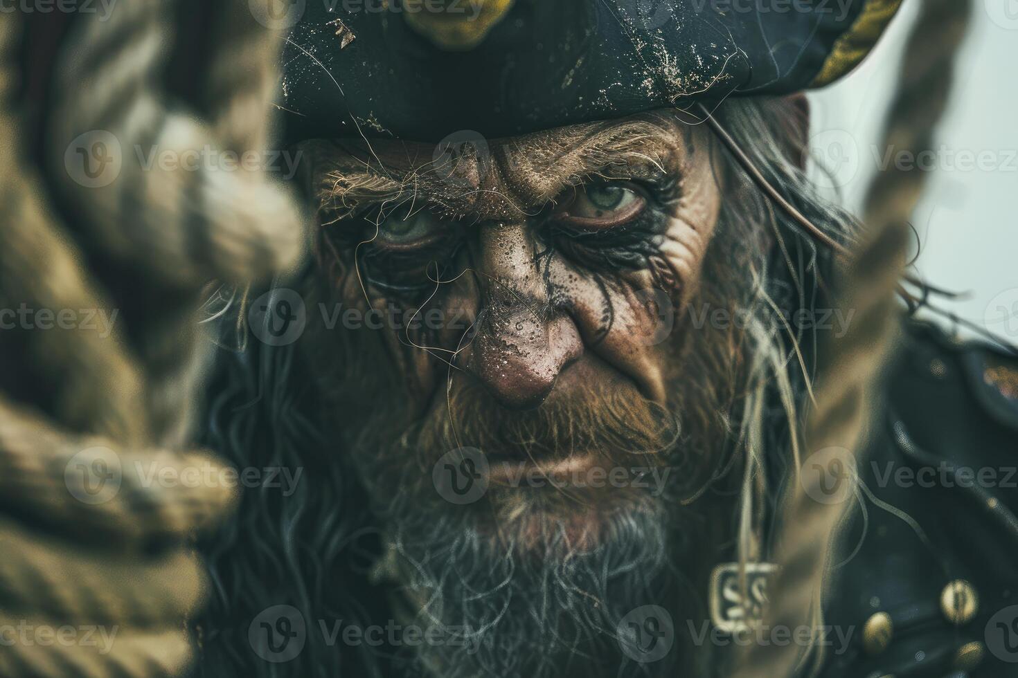 Closeup of an intense pirate captain with weathered features holding a rope photo