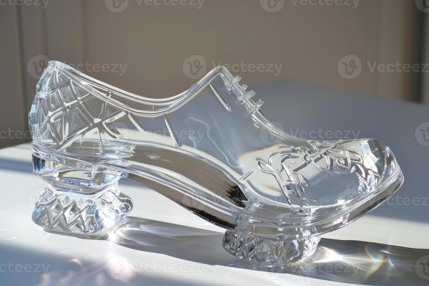Crystal glass slipper on sunlit surface photo