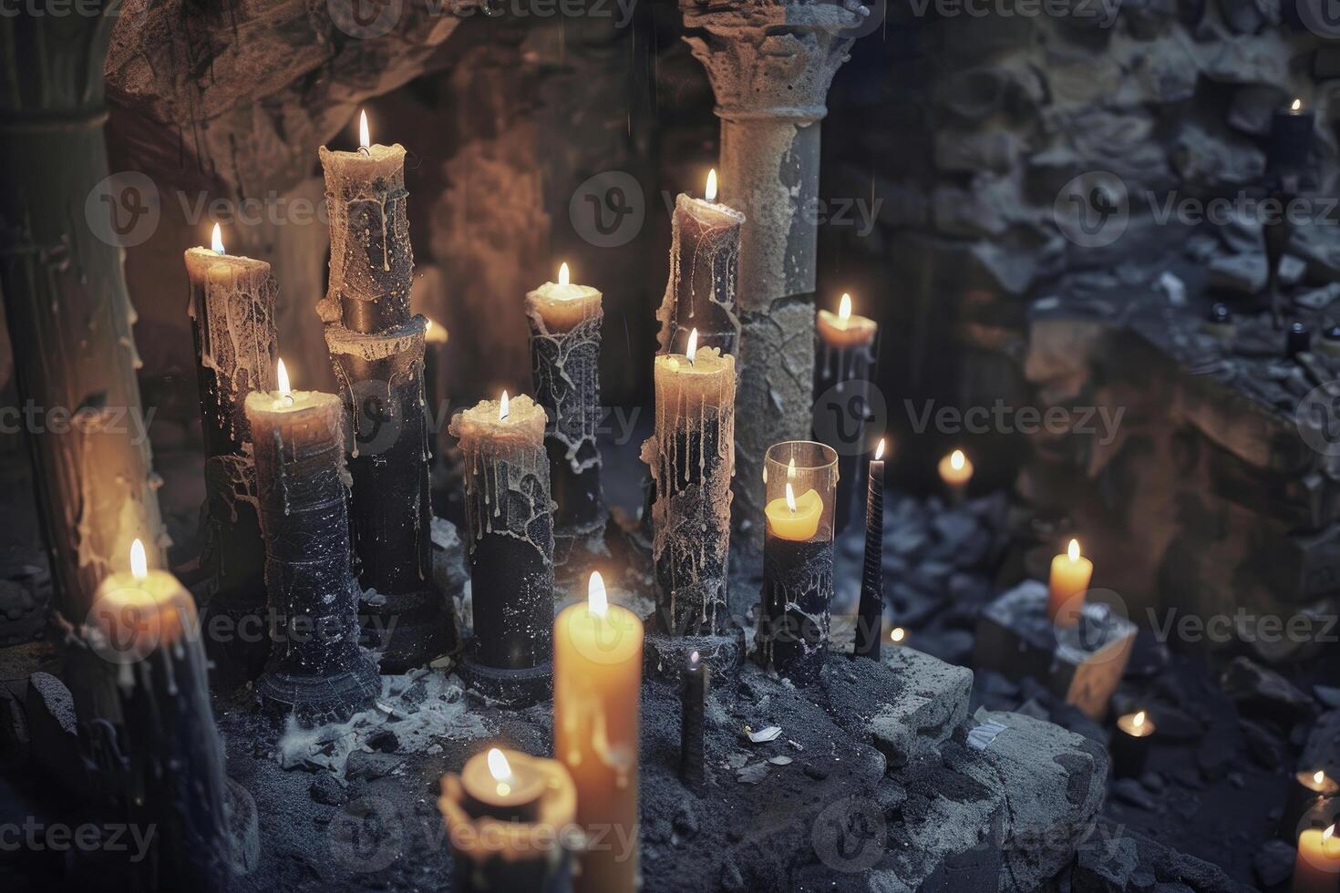 Enigmatic ambiance with multiple lit candles, dripping wax, and gothic architecture photo