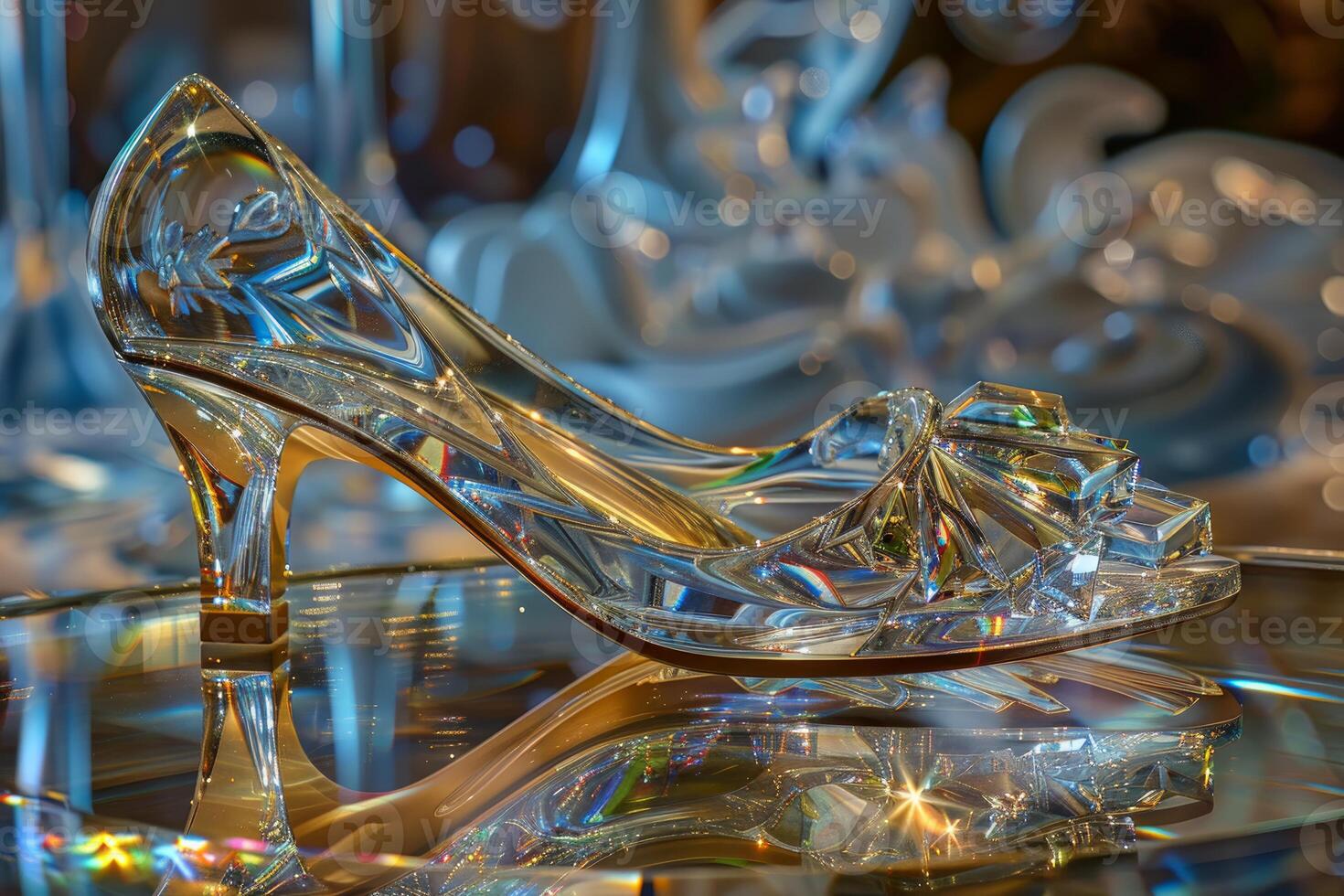 Elegant crystal slipper on reflective surface photo