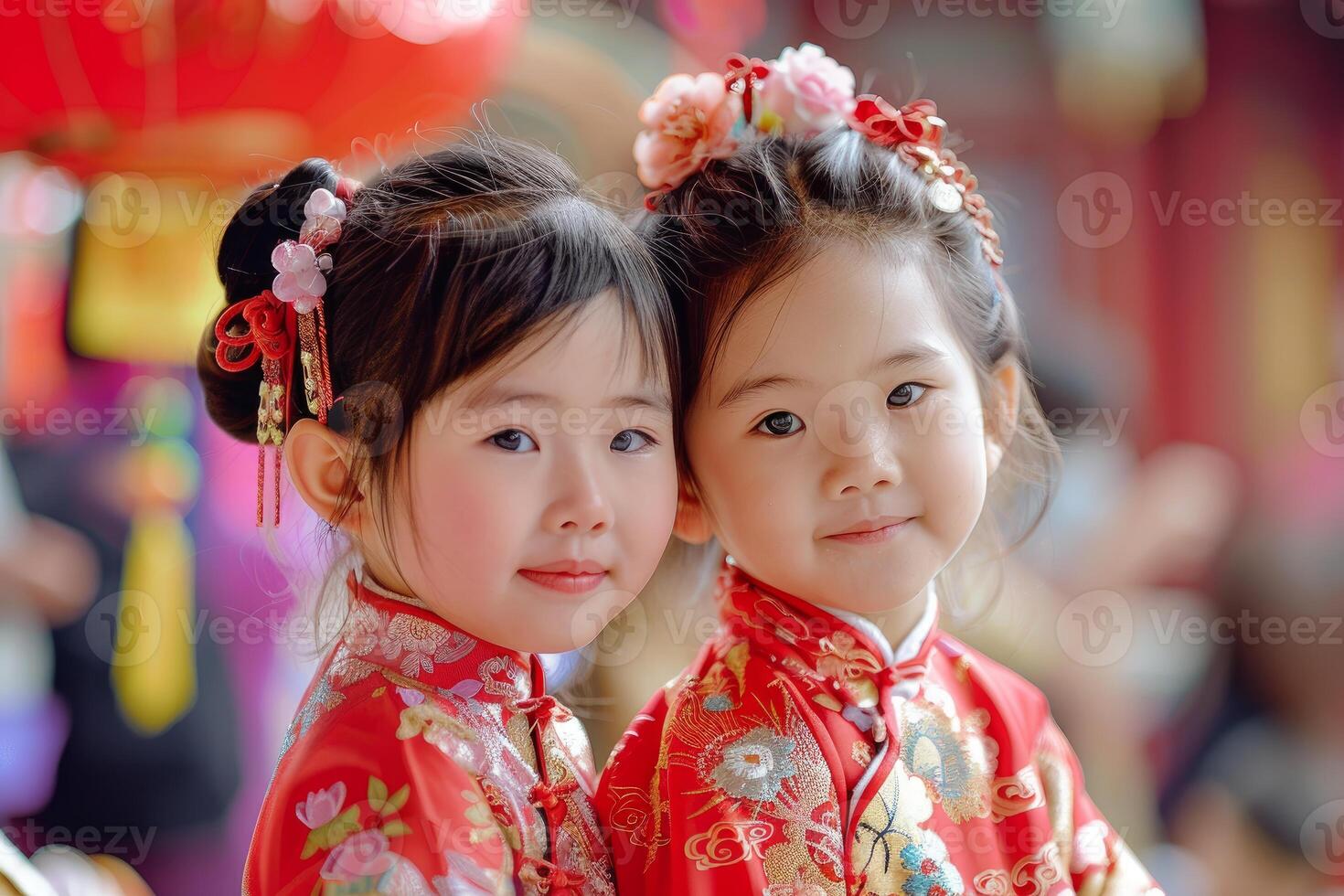 Adorable young girls in traditional chinese dresses photo