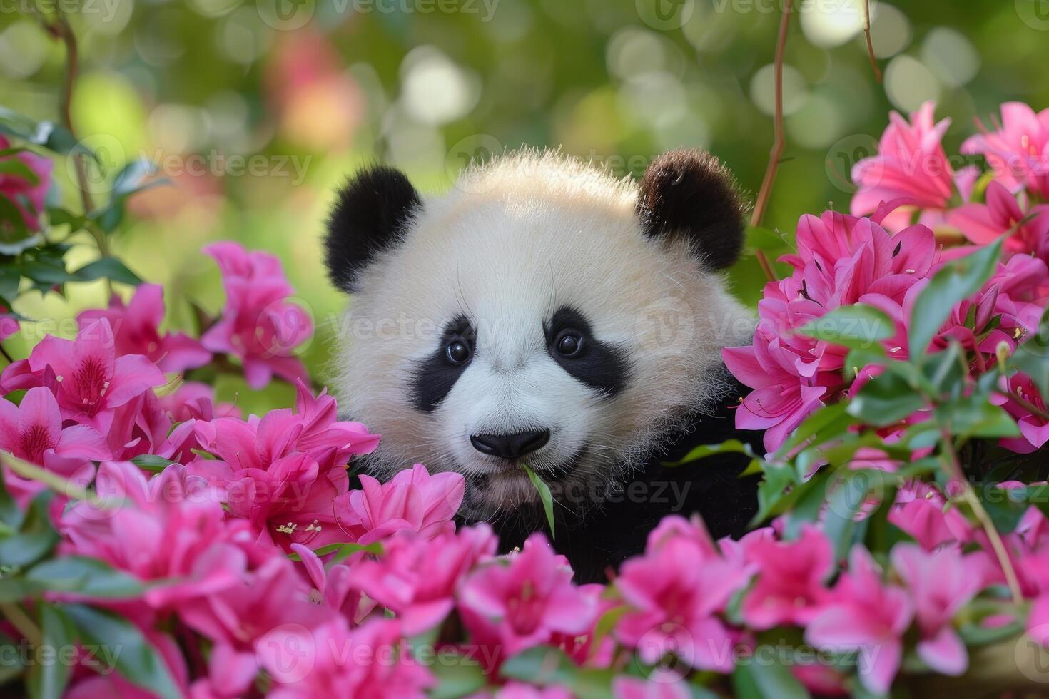 Adorable panda cub among pink flowers photo