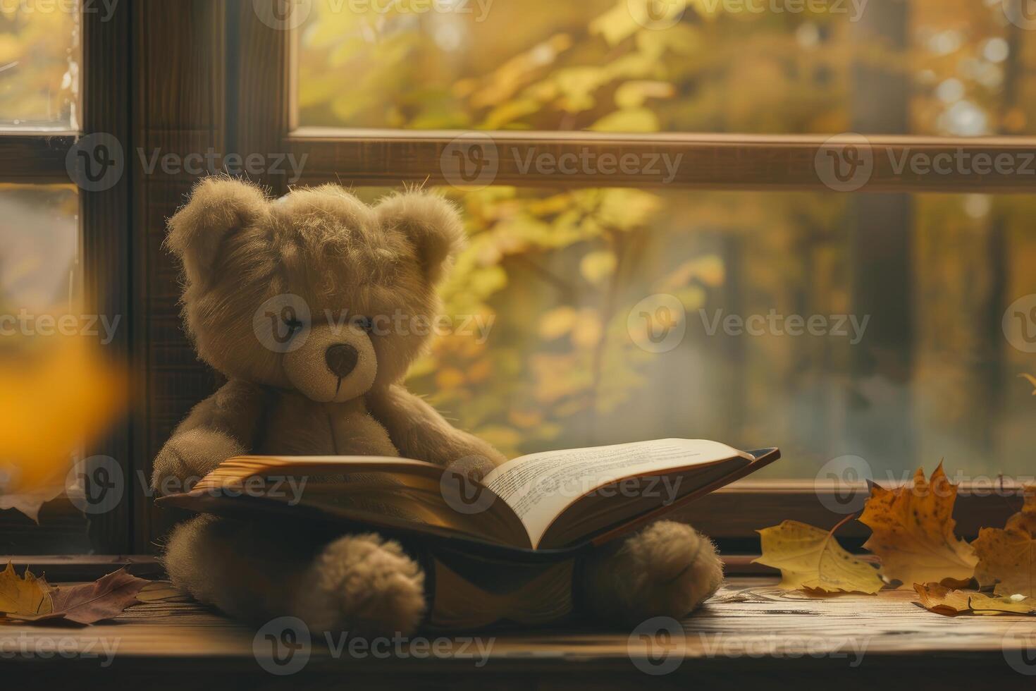 Cozy autumn reading with teddy bear photo