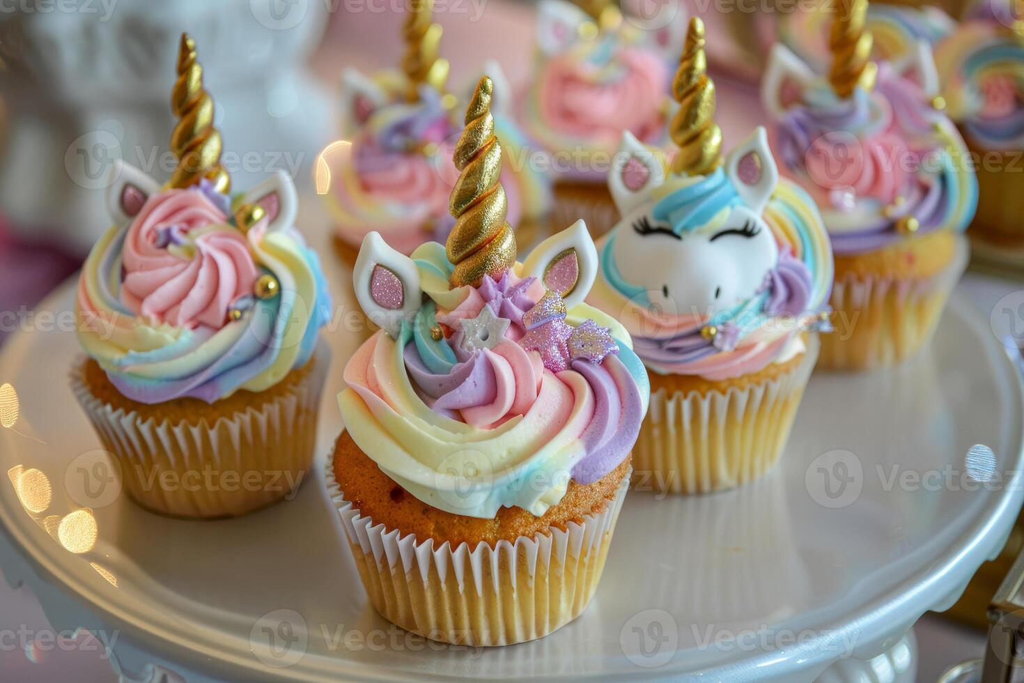 Unicorn themed cupcakes with colorful frosting photo