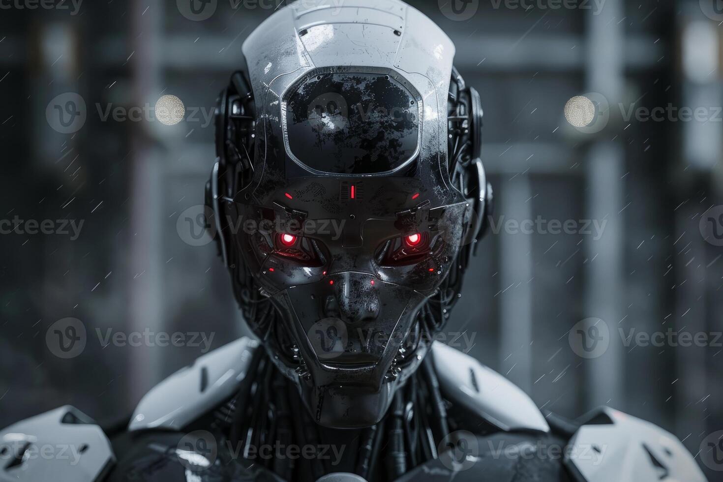Futuristic robot with glowing red eyes photo