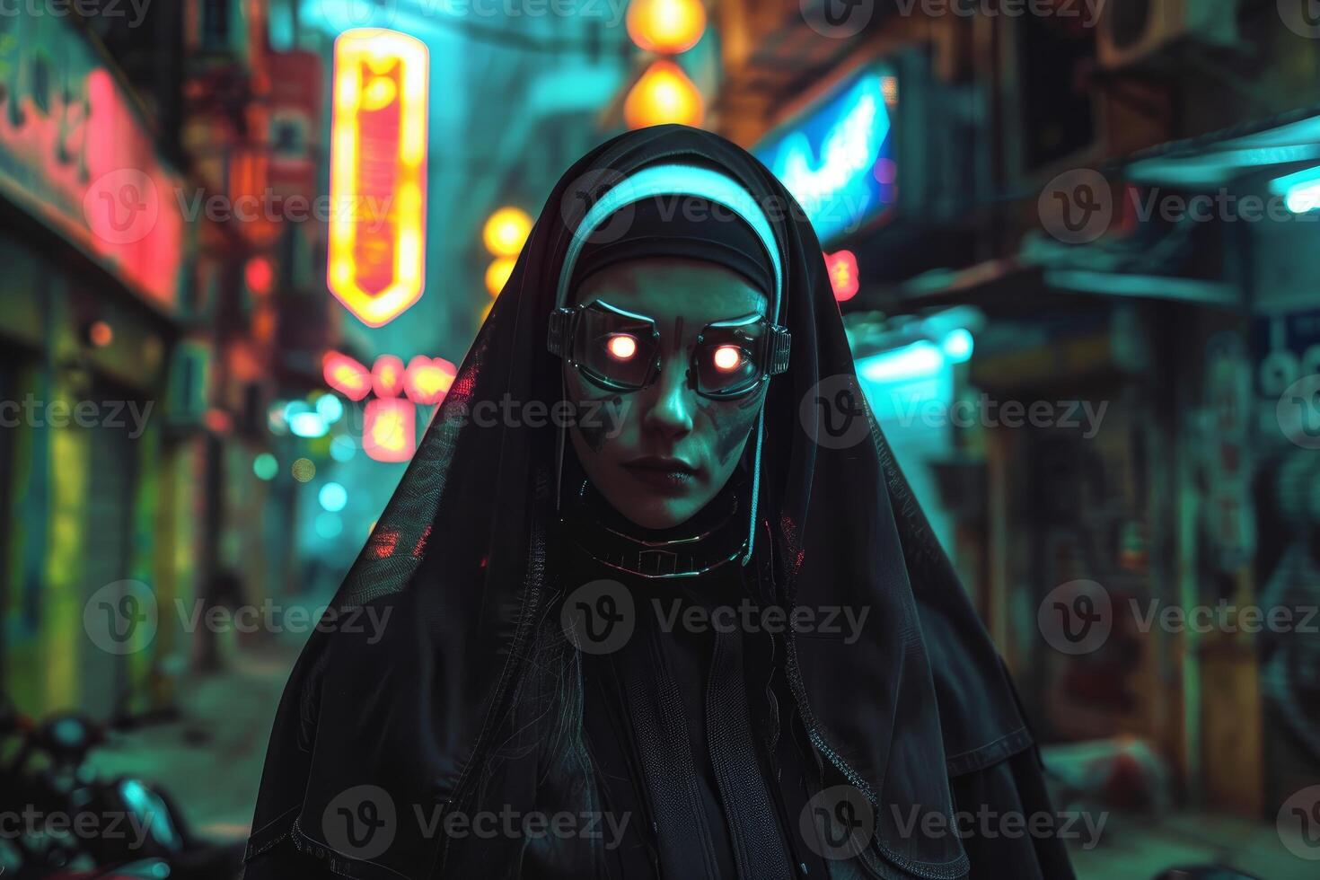 Cyberpunk nun with neon visuals photo