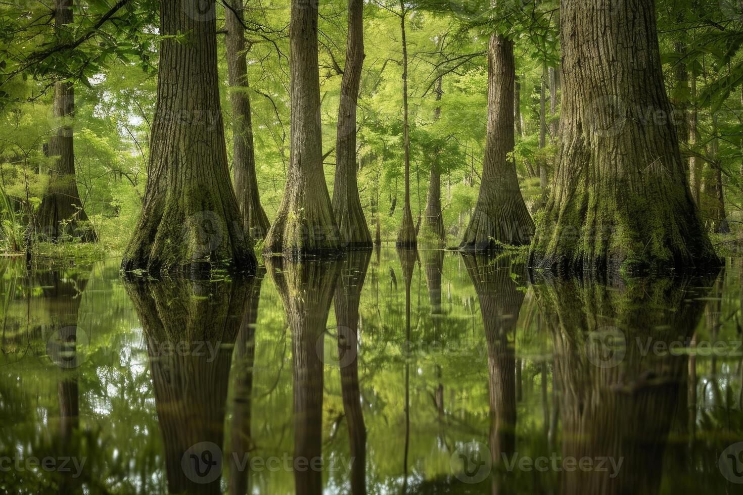 Tranquil scene of a swamp with towering trees and their reflections in still water photo