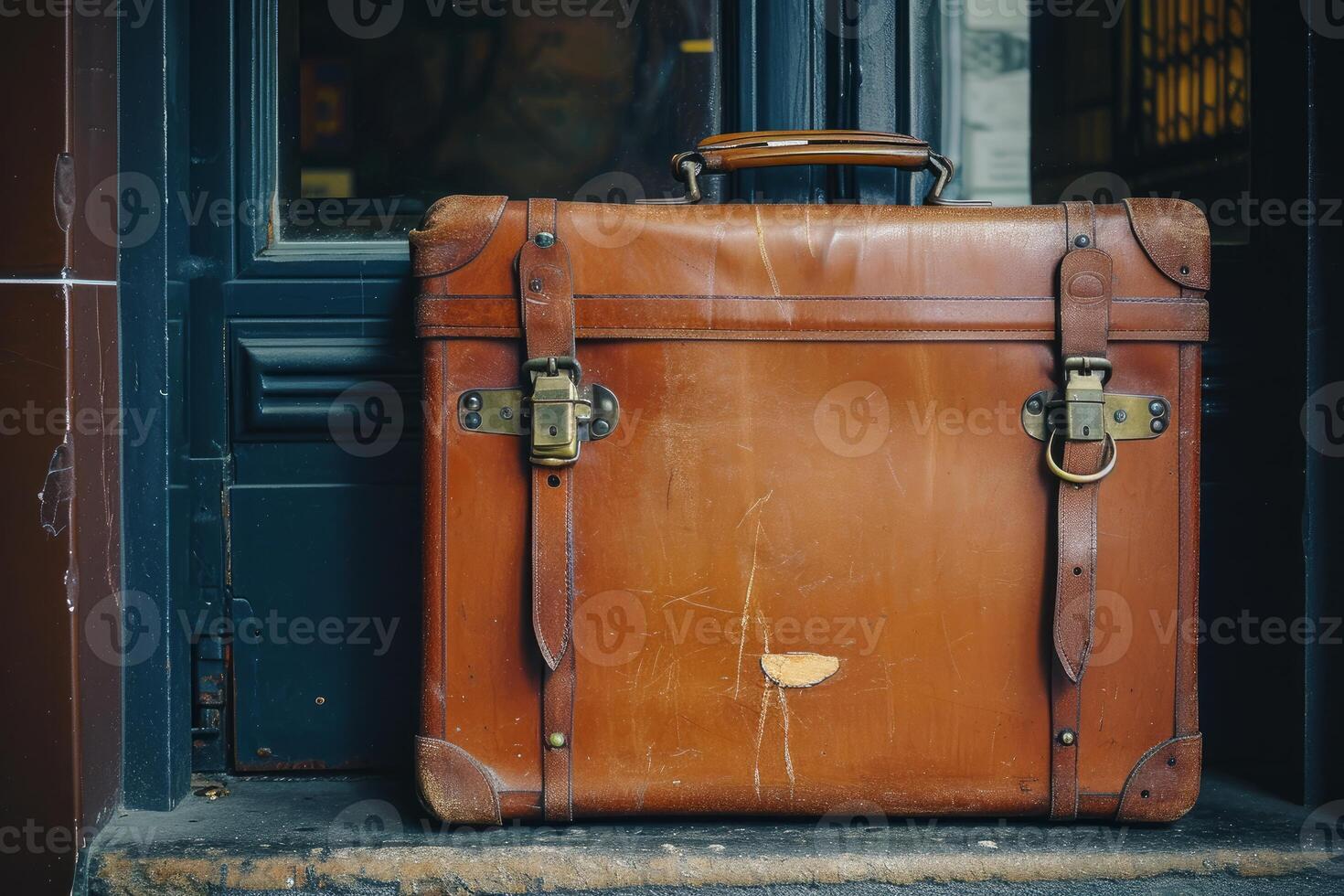 Vintage leather suitcase on doorstep photo