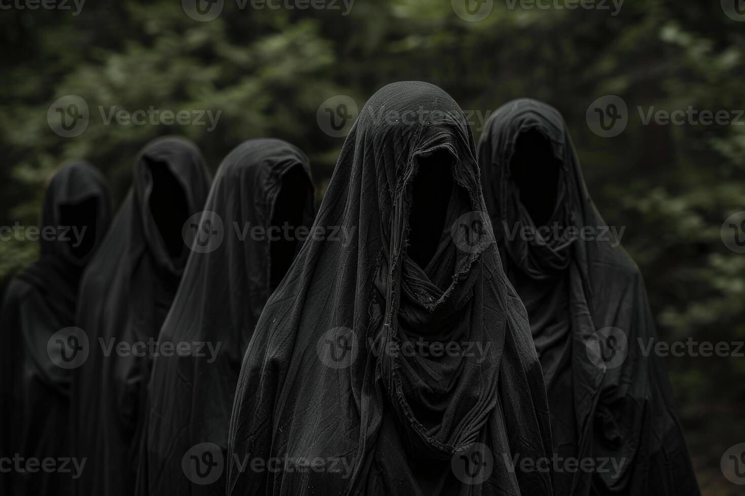 Enigmatic figures in cloaks amid forest photo