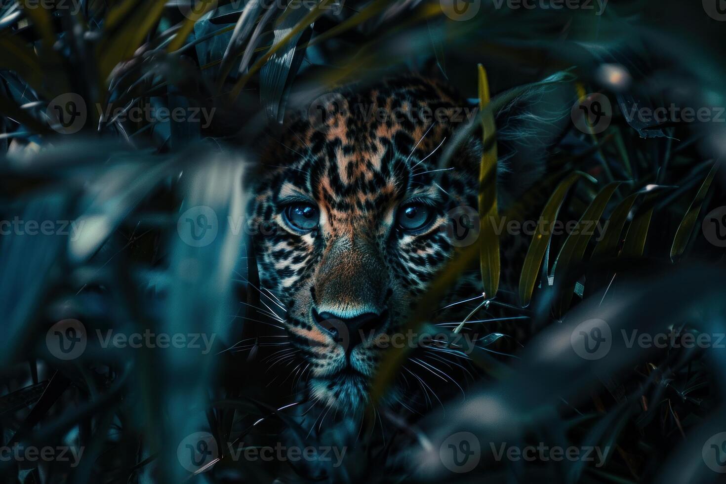 oculto depredador, jaguar acecho en el oscuridad foto
