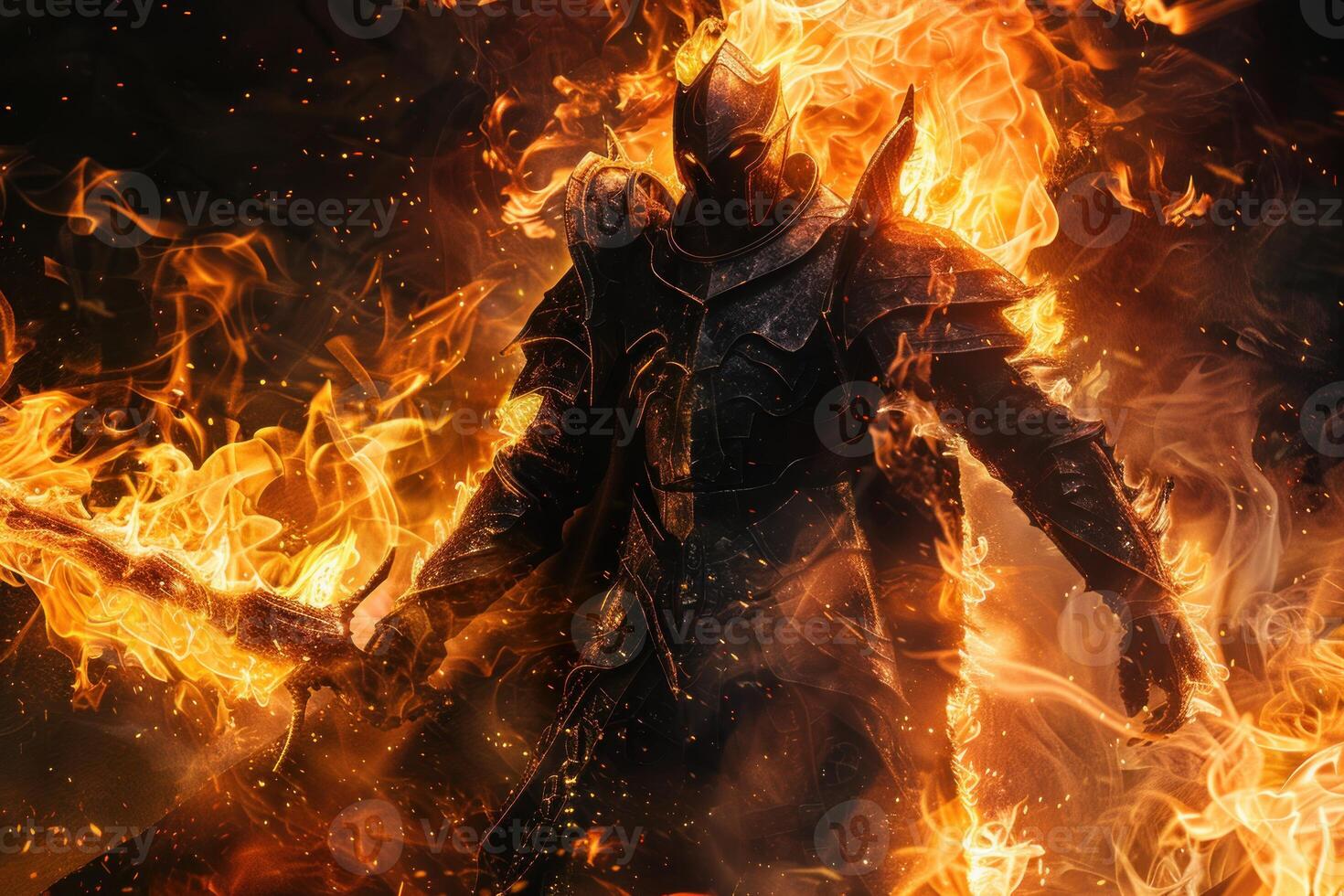Fiery fantasy warrior in battle armor photo