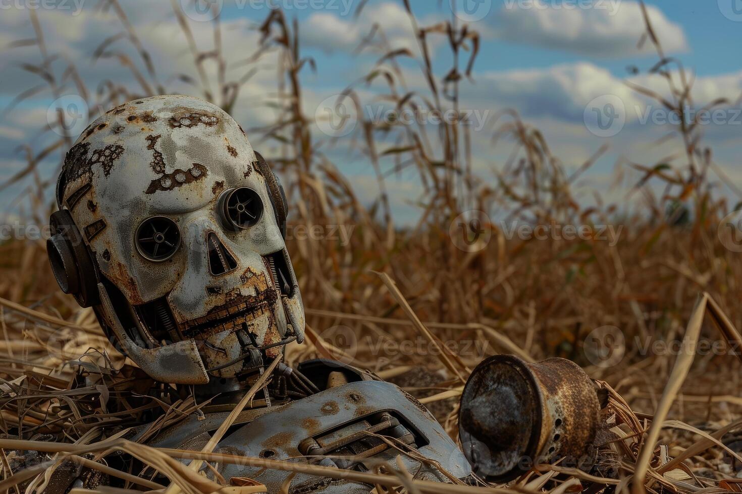 Postapocalyptic robot skull in wasteland photo