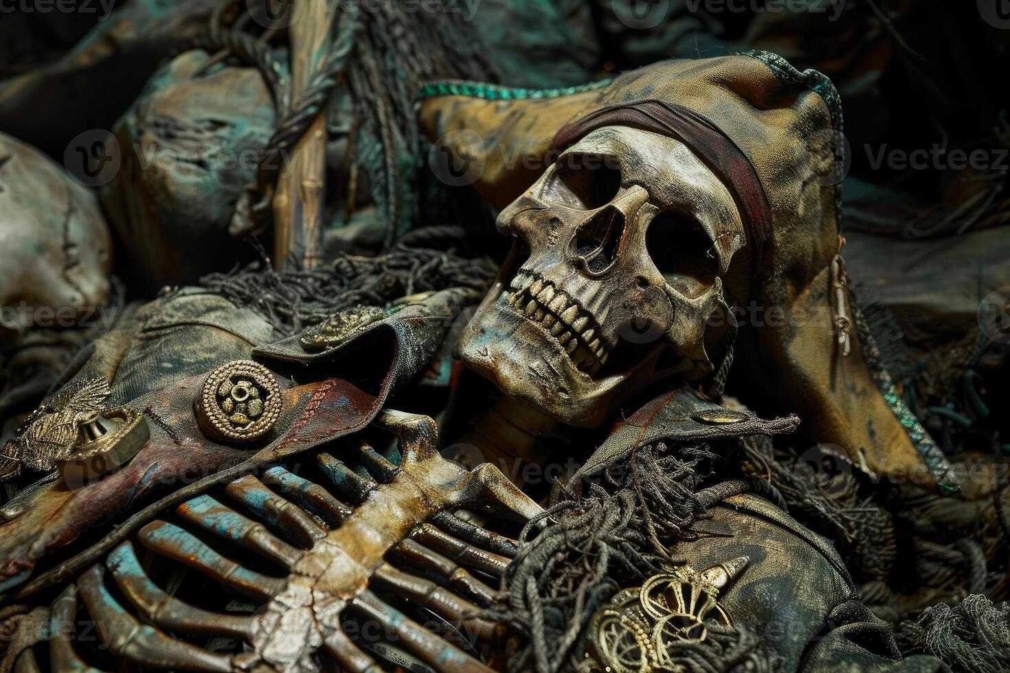 Eerie pirate skeleton with vintage treasures in a dark setting photo