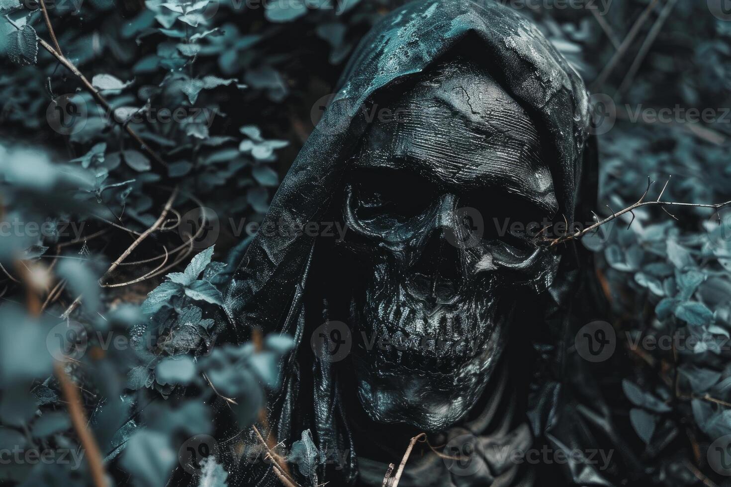 Mysterious grim reaper figure in a dark forest photo