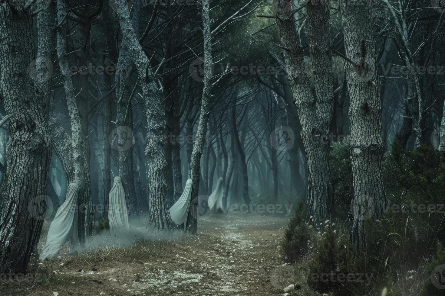 Enchanted forest path with mysterious ghostly figures photo