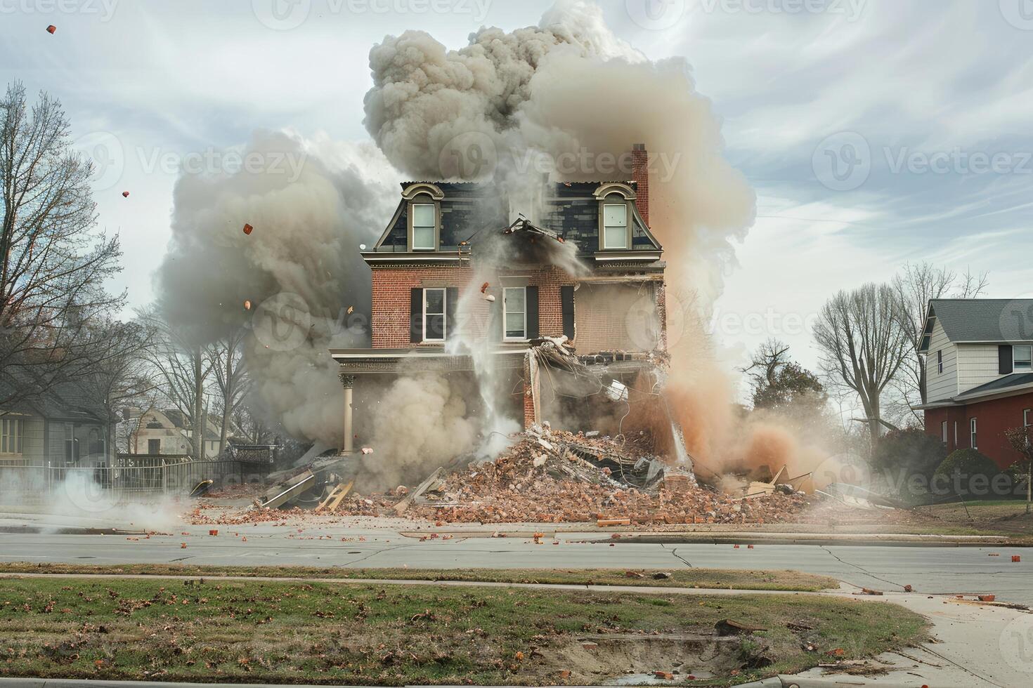 House demolition in progress with explosive cloud photo