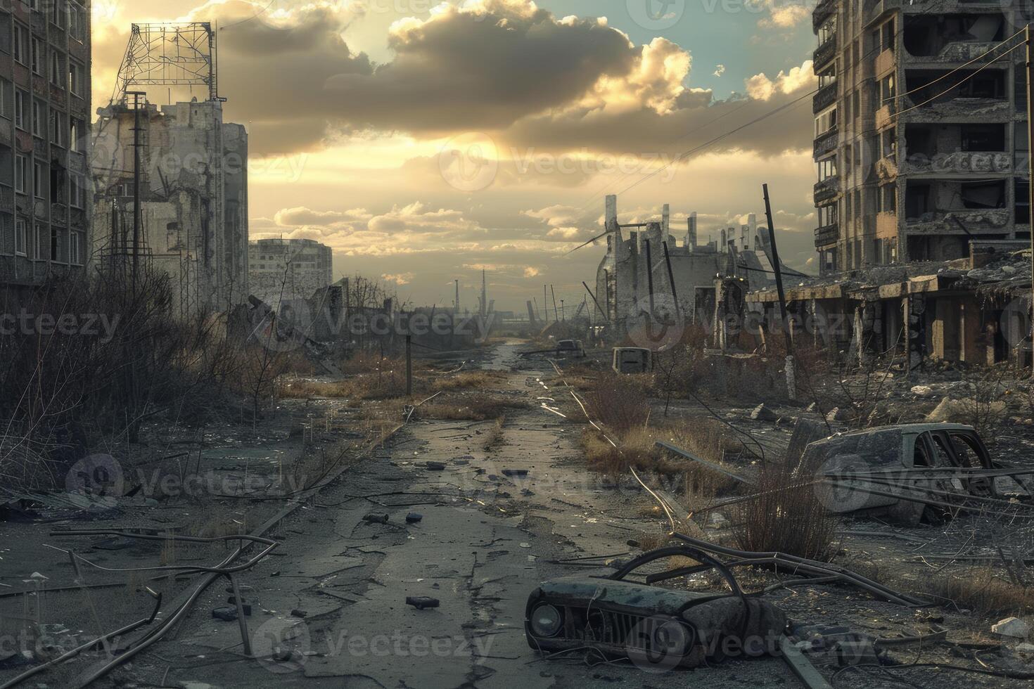 Haunting view of a desolate urban landscape at dusk, showcasing ruins and devastation photo