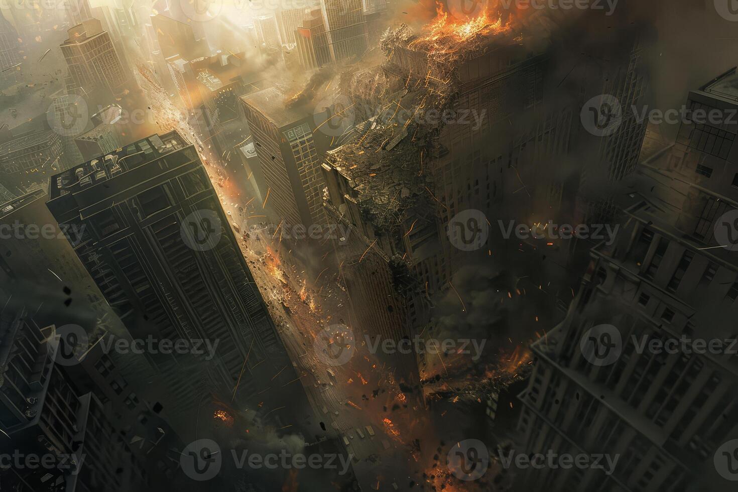 Dramatic artwork of a city engulfed in flames and chaos, depicting a catastrophic event photo