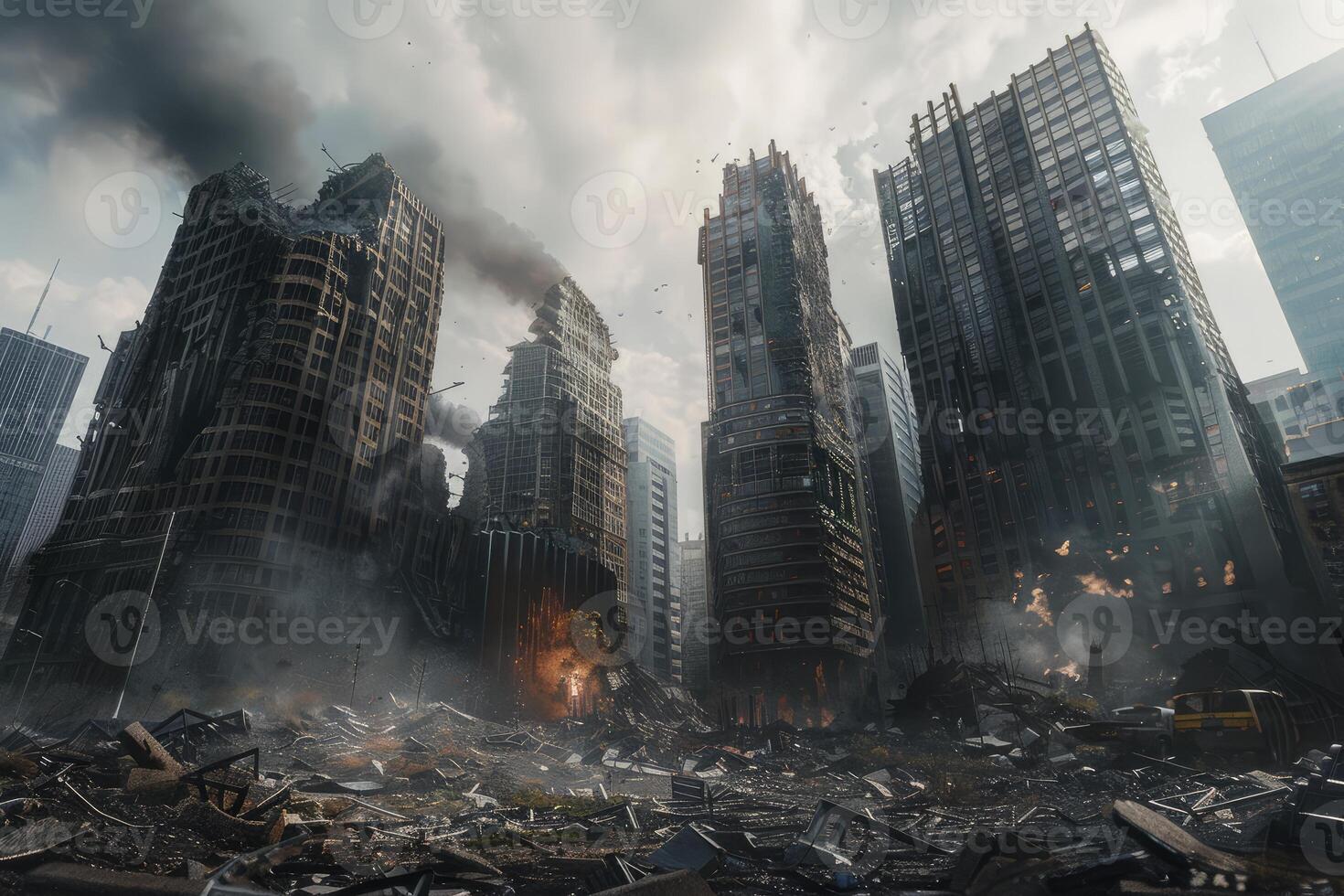 Dramatic image depicting a cityscape in ruins amidst chaos and destruction photo