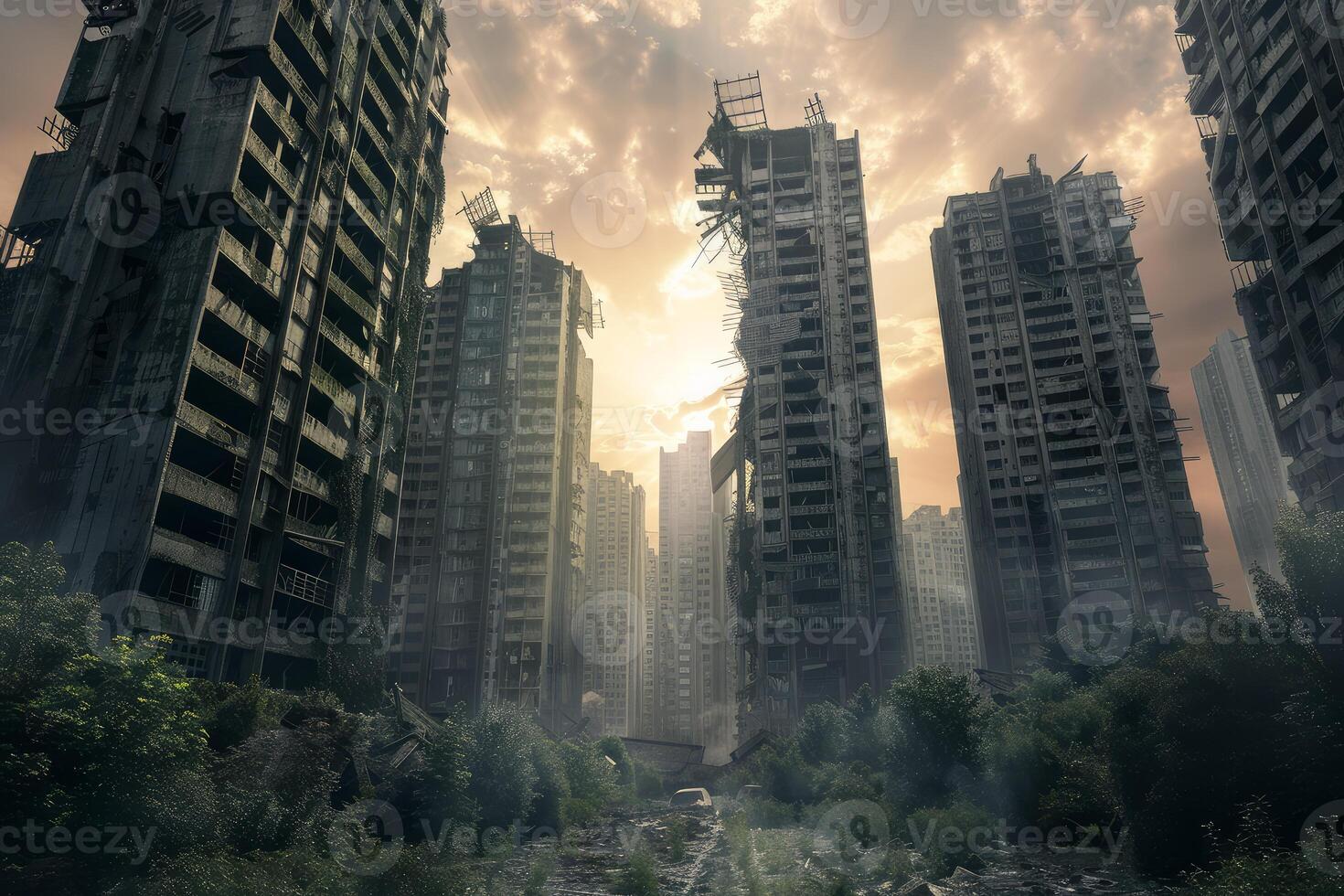 Surreal view of an overgrown, abandoned city as the sun breaks through the ominous clouds photo