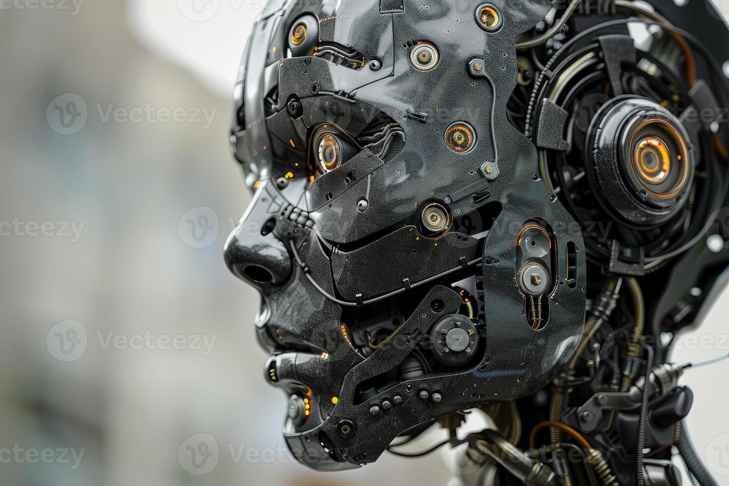 Highresolution image of a futuristic robot head with intricate design details photo