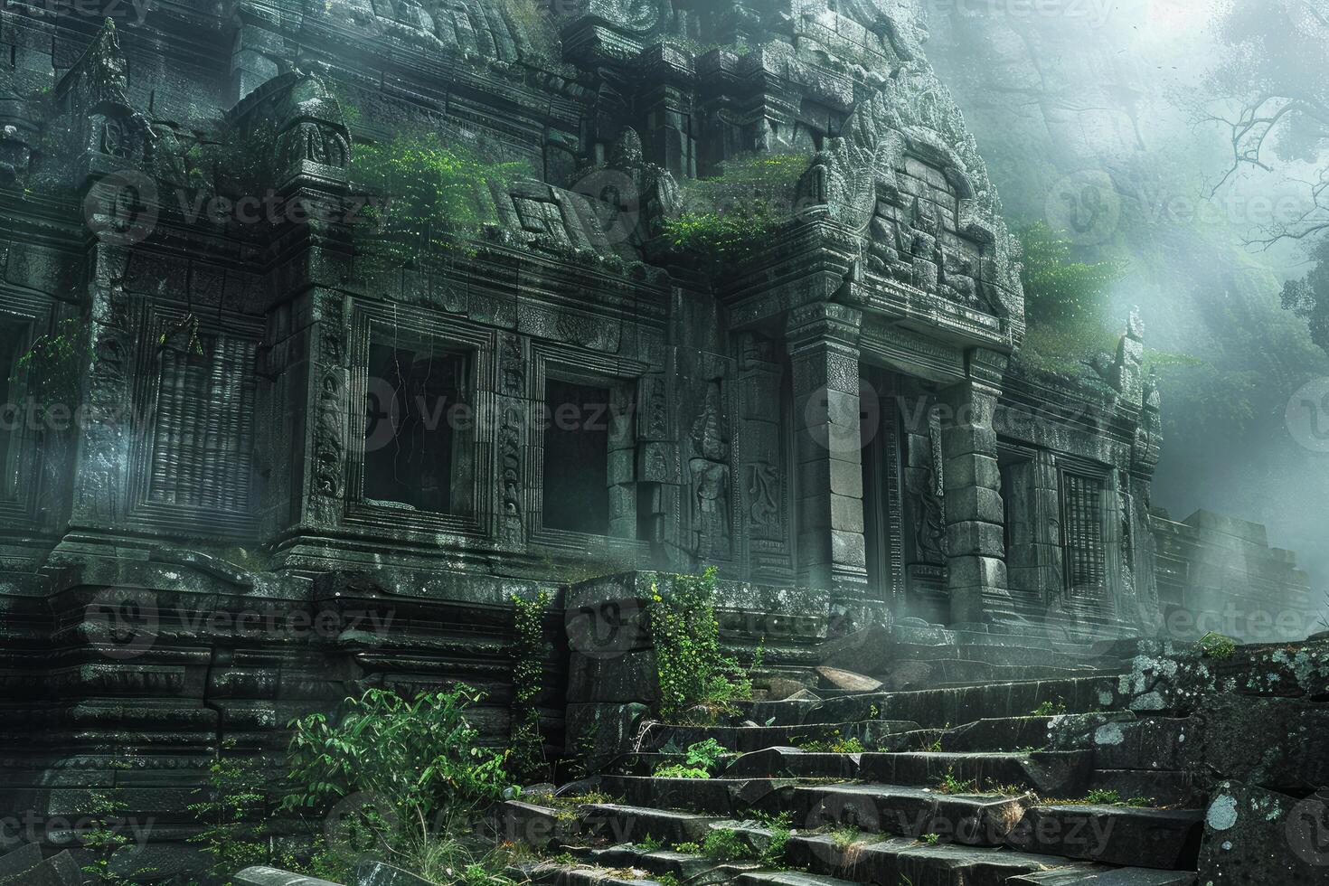 Mystical ancient temple in lush forest photo